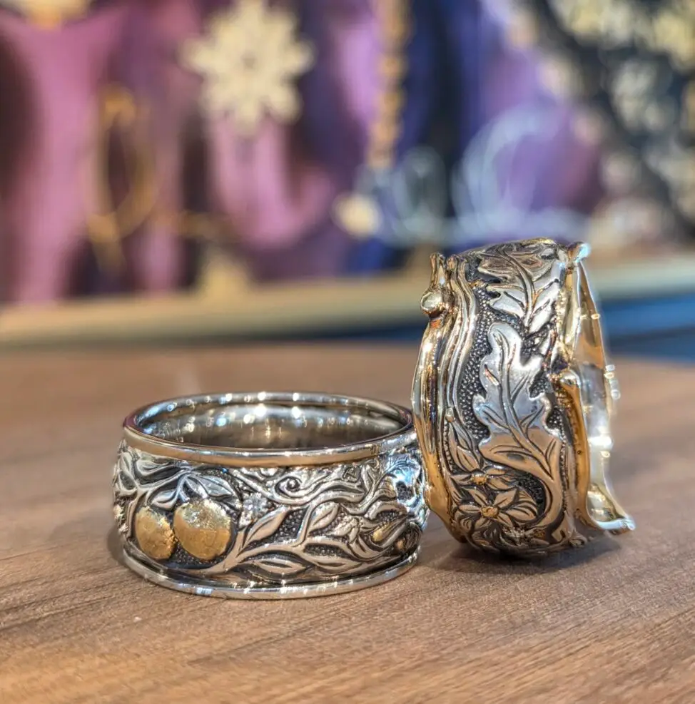 Close-up detail of a hand-engraved Modern Heirloom jewelry piece with moonstone