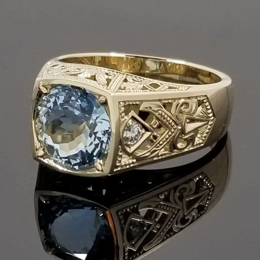 Handcrafted Modern Heirloom® men’s ring, Deco-inspired with aquamarine and detailed engraving.