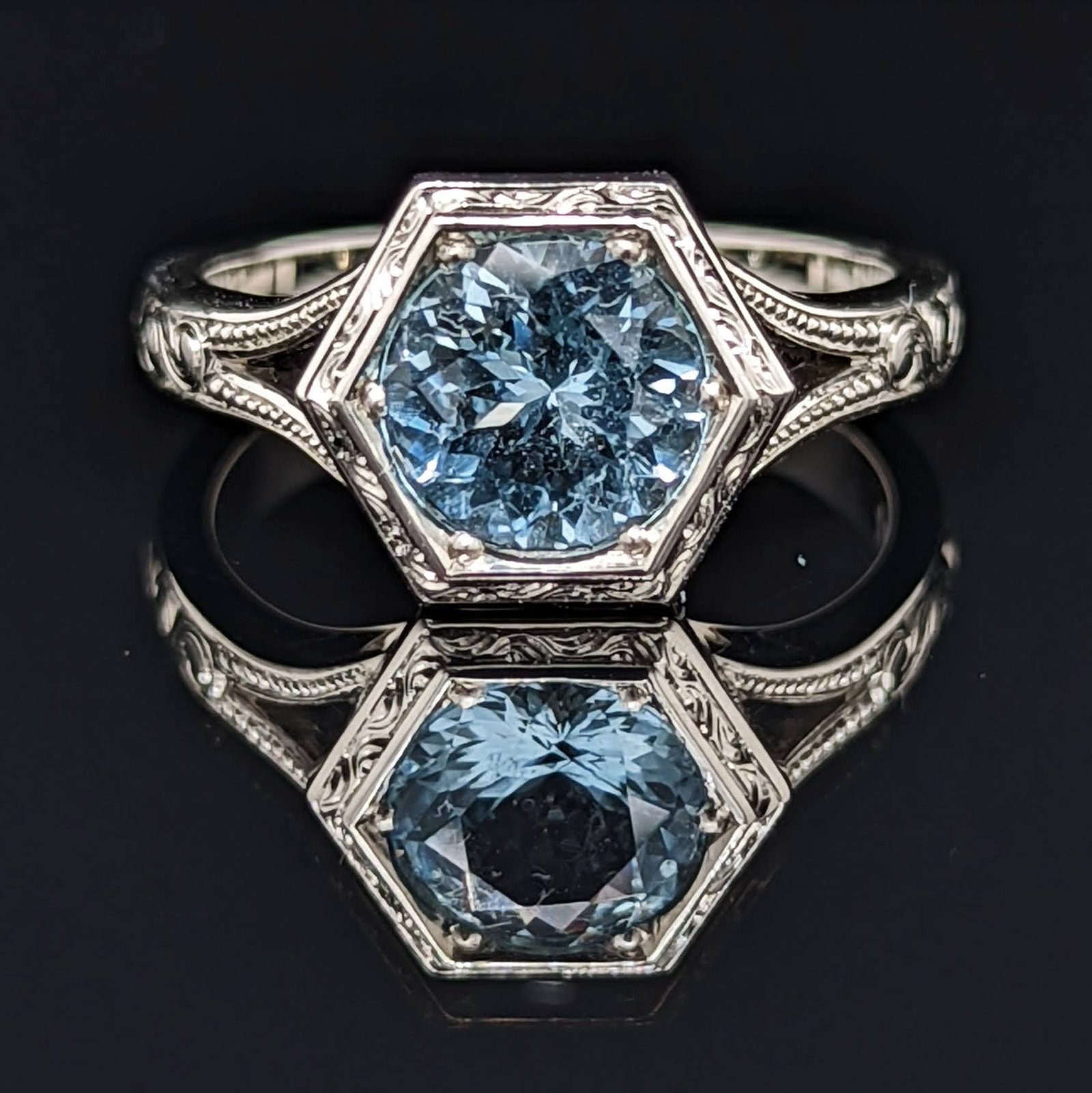 Deco Hex Aquamarine Engraved