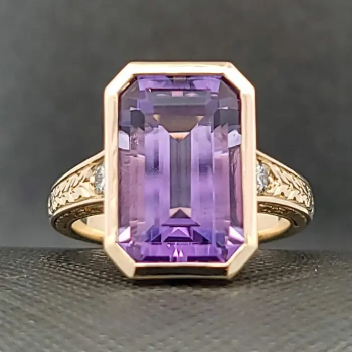 Emerald cut amethyst ring in 14k yellow gold custom setting
